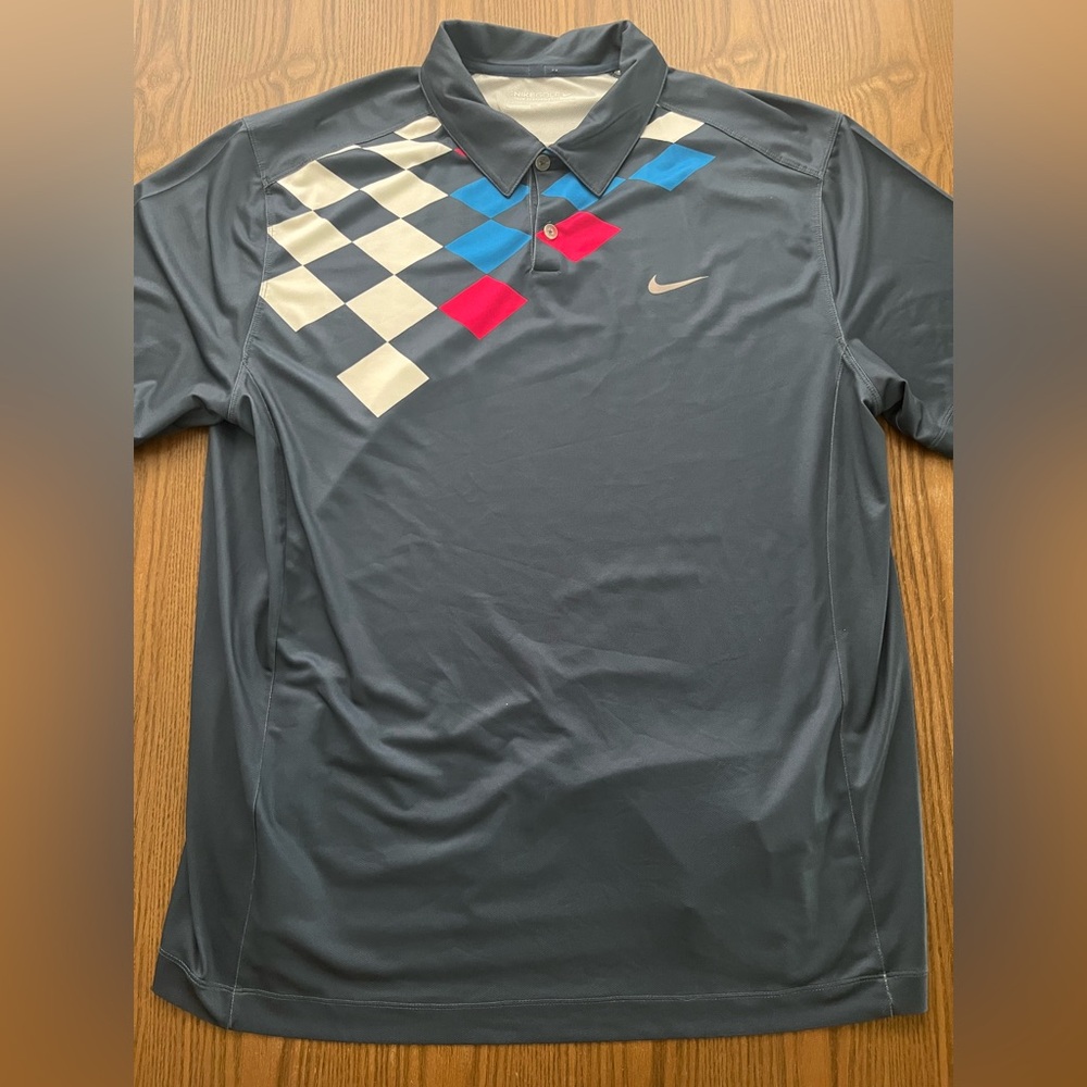 Nike Men's Polo Shirt with Blue, Red, and White Checkered Design